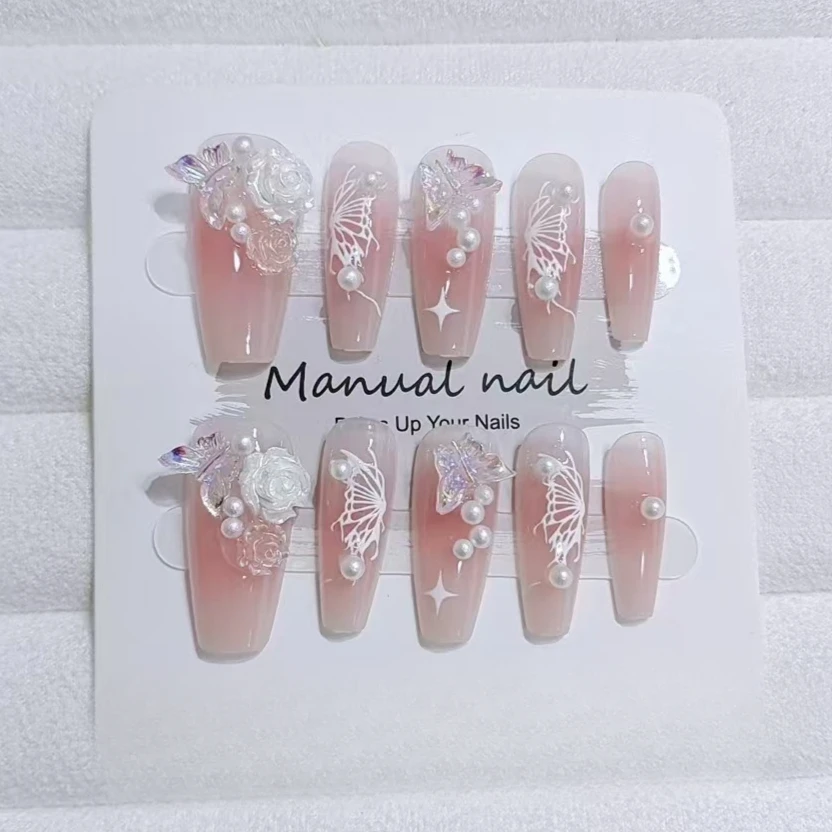 

10Pcs Pink Cute Ballet Press on Nails 3D Butterfly Rhinestones Decoration with French Pearl Gentle Mid-length Handmade Nails Set