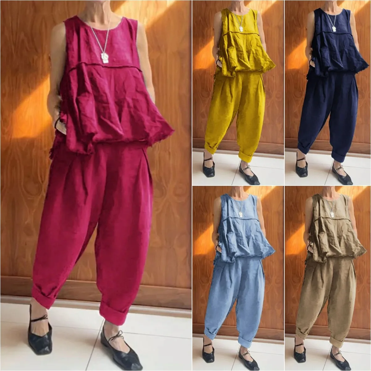 

Conjuntos Femininos Elegantes Women's Summer New Sleeveless Cotton Linen Solid Two-piece Pants Casual Set Большие Комплекты