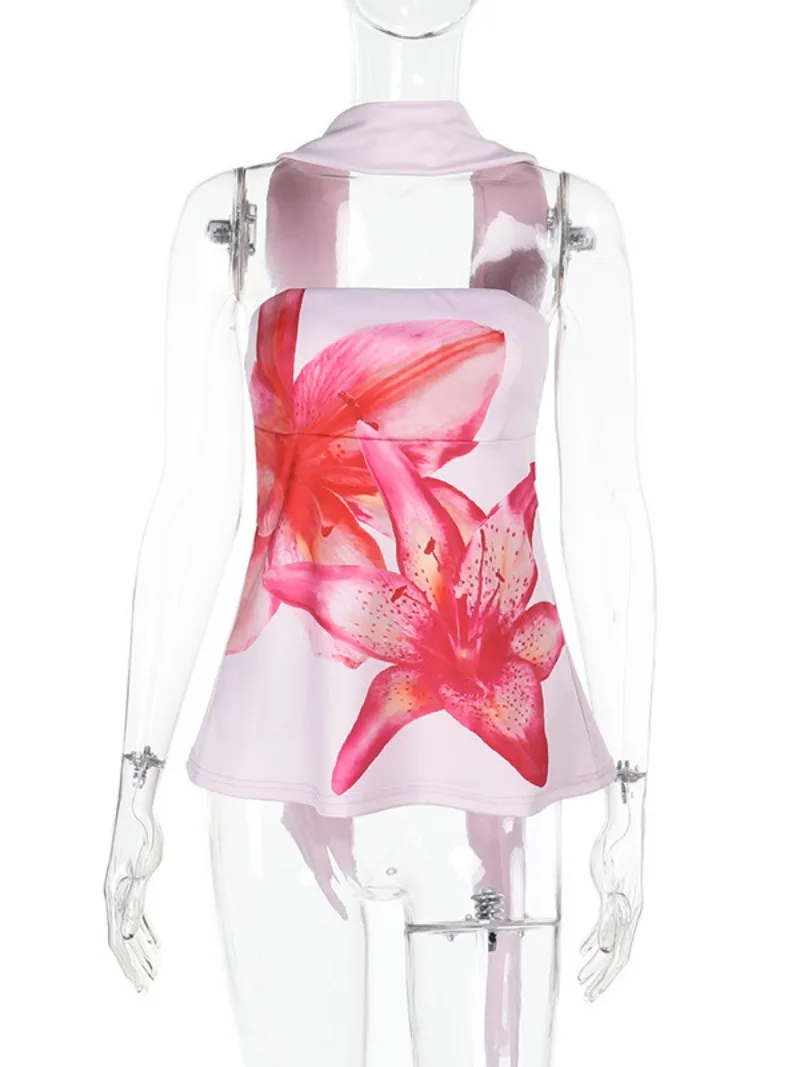 Top corto con stampa floreale da donna 2025 Fasciatura senza spalline Canotta rosa Canotta femminile con spalle scoperte Abito da sera senza schienale Streetwear