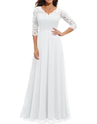 Women's Lace Splice Slim Waist Collection Noble Long Dress V Neck Elegant Party Bride Wedding Dresses For Women