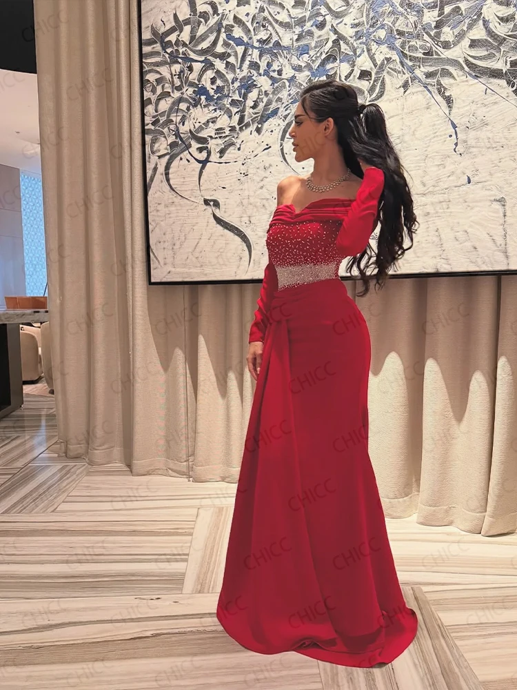 Robes de soirée rouges épaules dénudées à manches longues robe de bal élégante Gala Arbic robe de soirée d'invité de mariage robes de soirée personnalisées
