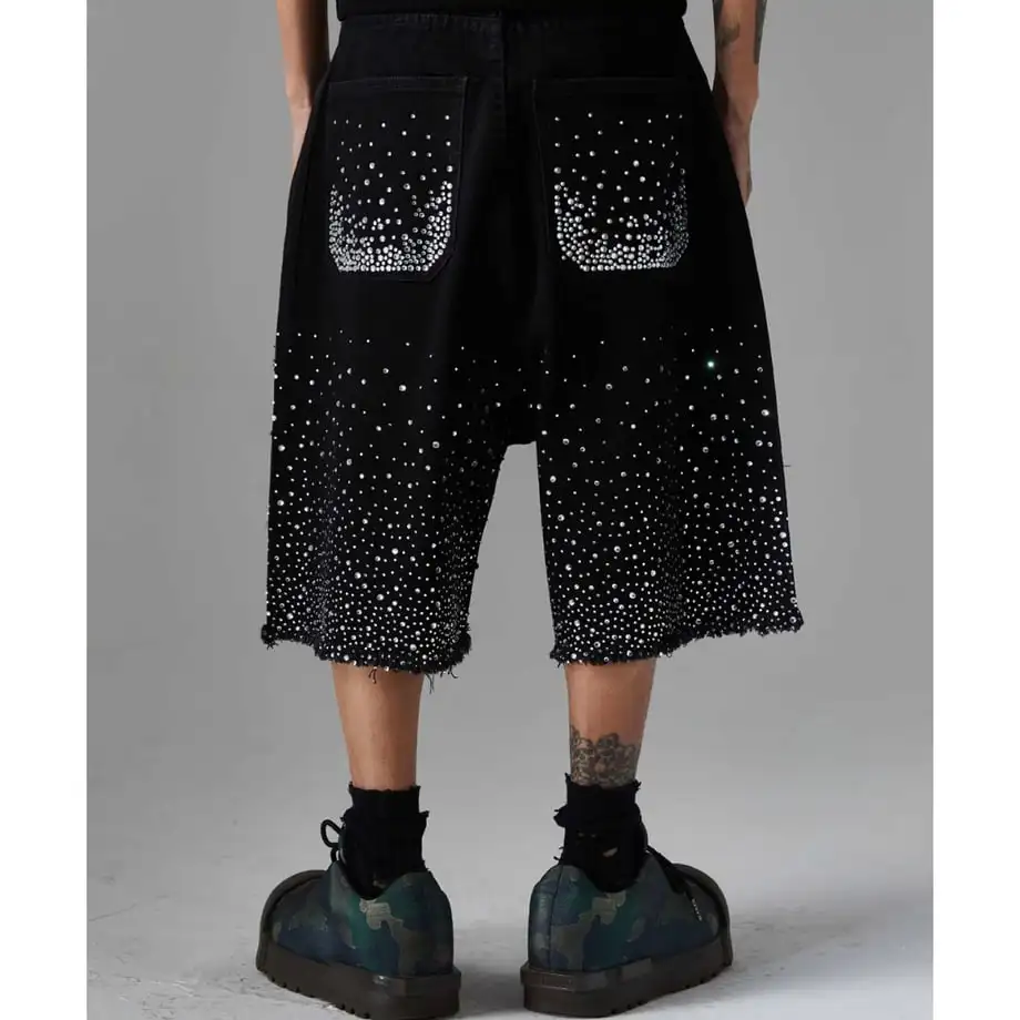 Y2k 2000s Rhinestone Sequin Denim Shorts Jeans Hip Hop Streetwear Mens Baggy Denim Gym Shorts Vintage Casual Basketball Shorts