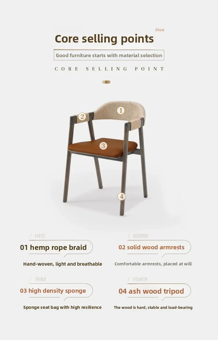 Silla nórdica de cuerda para hogar, restaurante, comedor, hotel, respaldo simple de madera maciza, cafetería, tienda de té de la leche, bolsa suave