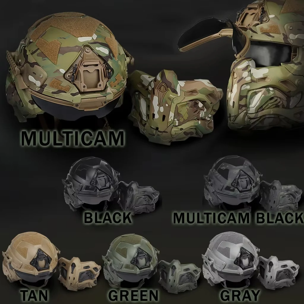 Tactical Helmet with Built-in Communication HD Earphone Anti-Fog Fan Removable Full Face Mask for Outdoor Sports CS Toy Shooting
