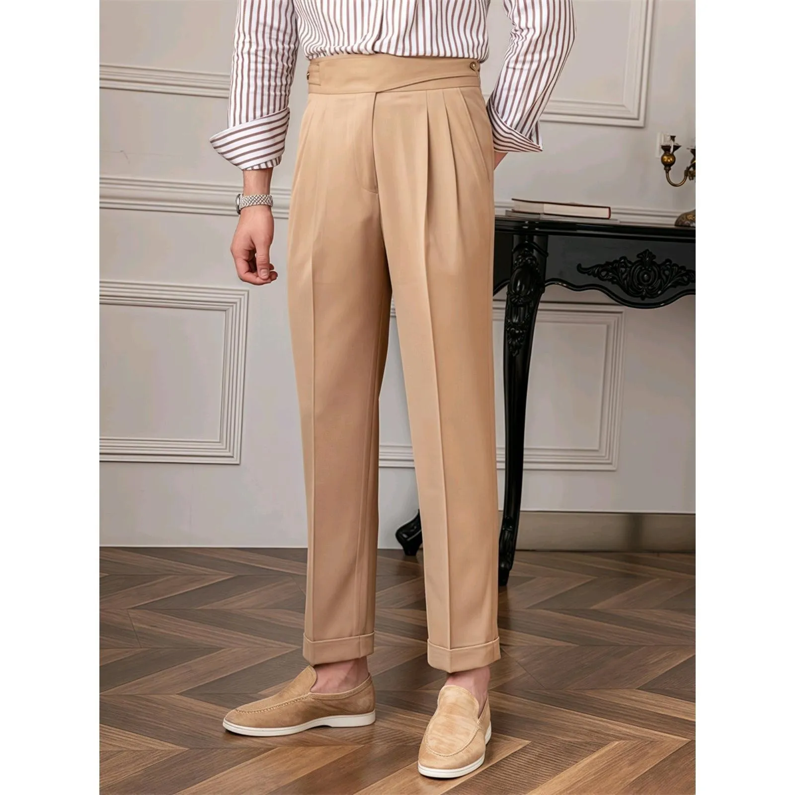 

Spring Autumn Men's Solid Color Loose Straight High Wasit Buckleback Suit Trousers 2026 New Fashion Vintage Pants Bottom Clothes