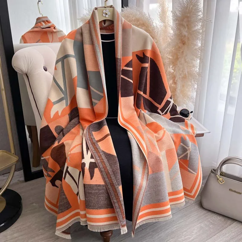 Scarf Women Horse Pattern Double Sided Jacquard Shawl Wrap Winter Autumn Spring Long Scarf For Women Animal Print Poncho Cape