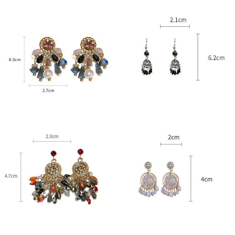 Vintage Colorful Rhinestone Water Drop Earring for Women Imitation Pearl Crystal Beads Earrings with Tassel Ear Jewelry K-