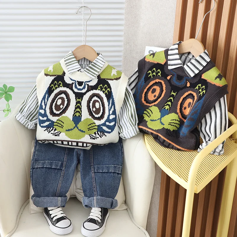 2024 Spring New Boys Cartoon Sweater Vest Three piece Set for Boys Striped Shirt and Denim Pants Set