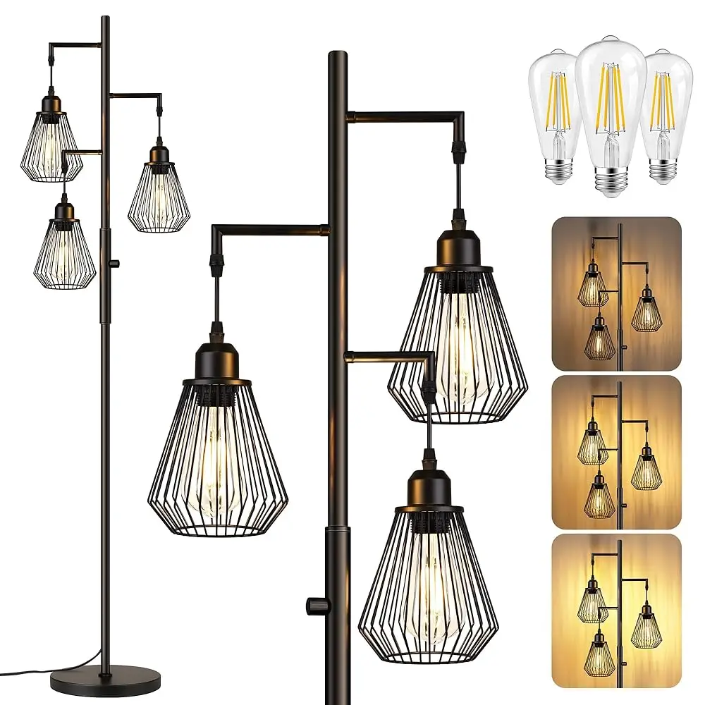 

Industrial Floor Lamps For Living Room, Farmhouse Standing Lamp With 3 Hanging Teardrop Cage Shades, 68"" Modern Rustic Tree
