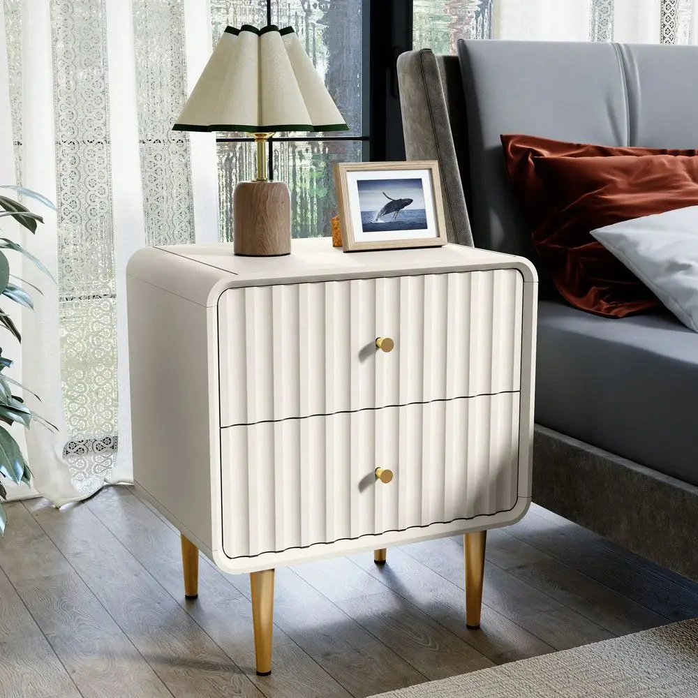 

Nightstand With 2 Drawers Gold Metal Handle, Fluted Bed Side Table , White Wood End Table With Storage For Bedroom, Living Room