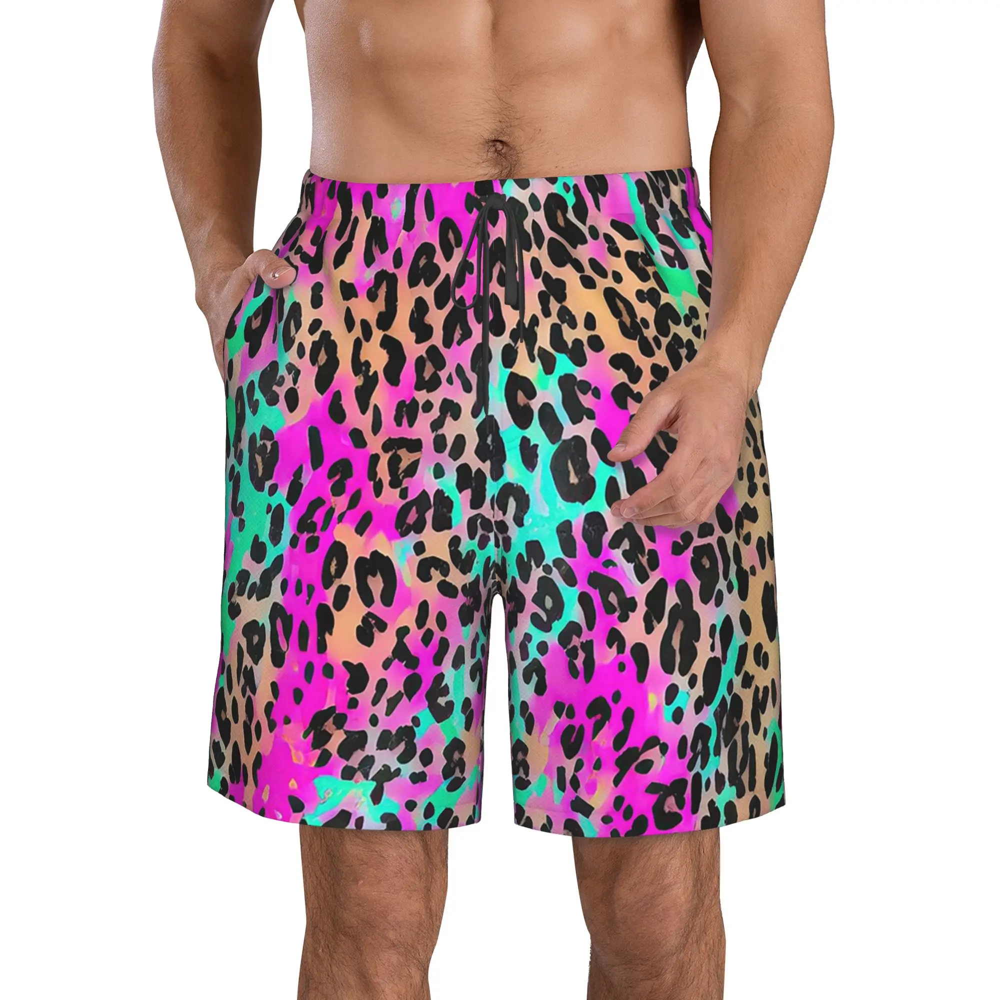 Vibrant Rainbow Leopard Print Trunks Beach Board Shorts Casual Quick Dry Swimming Summer Men Pants