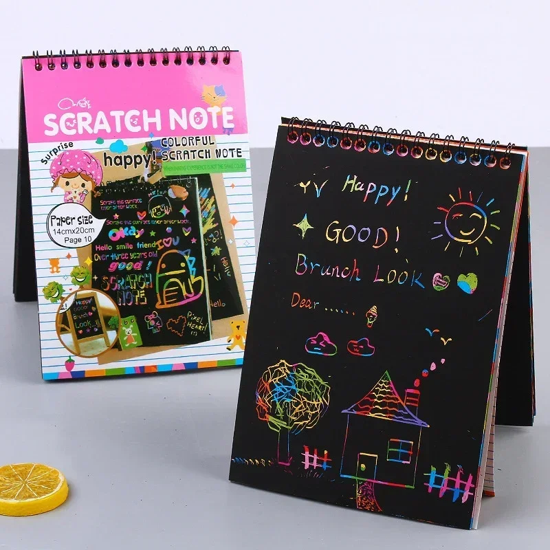 Divertido Magic Drawing Book Toy, DIY Scratch Notebook, Black Cardboard, Crianças Aprendendo Brinquedos, Scratch Art Painting Doodle, 10 Folhas