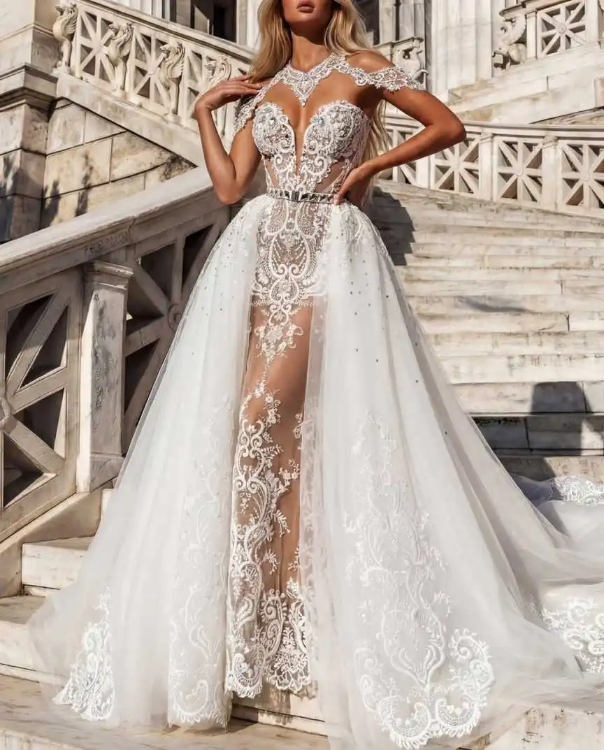 Exquisite Crystal 2N1 Style Mermaid Bridal Dress Off Shoulder Sashes Lace Sweetheart Brides Gown Robe De Mariée Customized