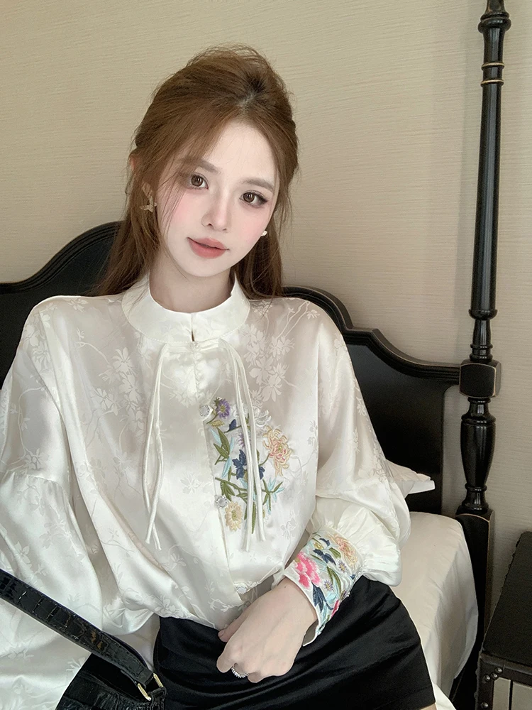 

New Chinese Style Embroidered Satin Shirt Women's Loose Long Sleeve Casual Top Vintage Design Slimming Spring Fashion
