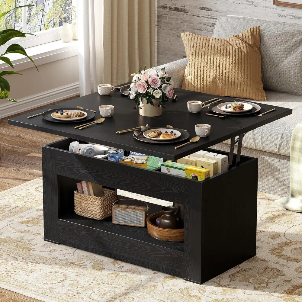 Table basse relevable de 40 pouces, tables basses élévatrices multifonctions 4 en 1 avec rangement et compartiment caché, table basse convertible