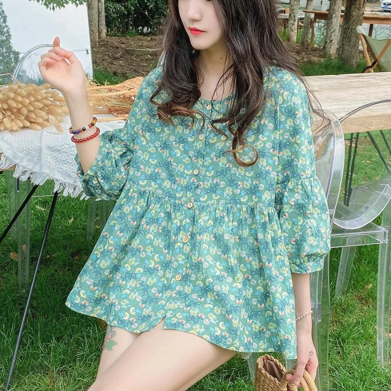 Spring Autumn New Fashion Printing Round Neck 3/4 Sleeve Blouses Women\'s Clothing Shirring Single Breasted Floral Loose Shirts