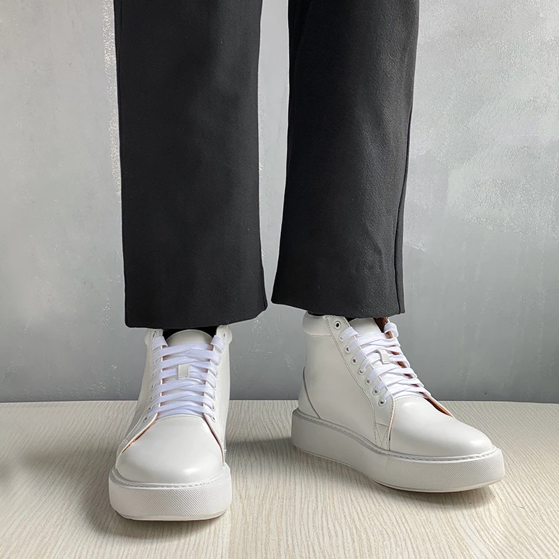New Luxury High-top Casual Board Shoes Men Genuine Leather Lace Up White Casual Sport Flat Shoes Youth Sneakers