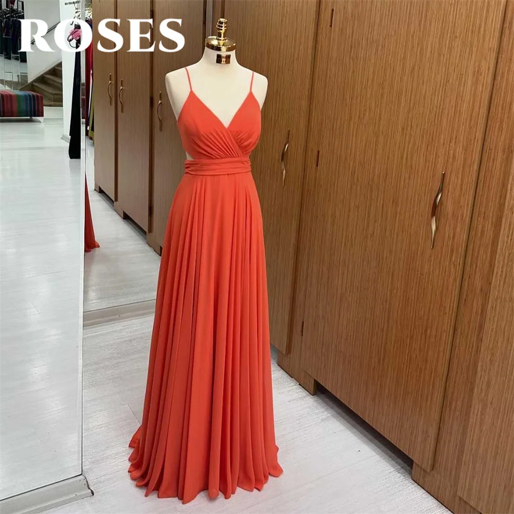 

ROSES Simple Orange Evening Dresses V-Neck Prom Dress Sleeveless Beach Robe De Soirée Spaghetti Strap Backless Party Dresses