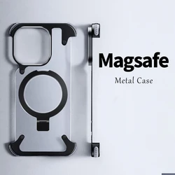 Aluminum Alloy Magnetic Stand Rimless Phone Case For iPhone 13 14 15 16 Pro Max Plus Metal Lens Shell  Frosted Matte Back Cover