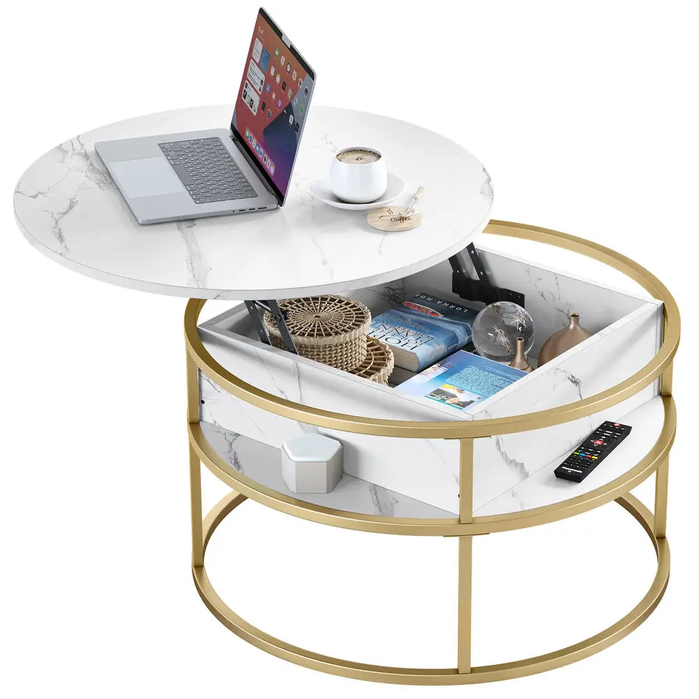 2 Tier Round Lift Top Coffee Table with Hidden Storage Compartment Home Office