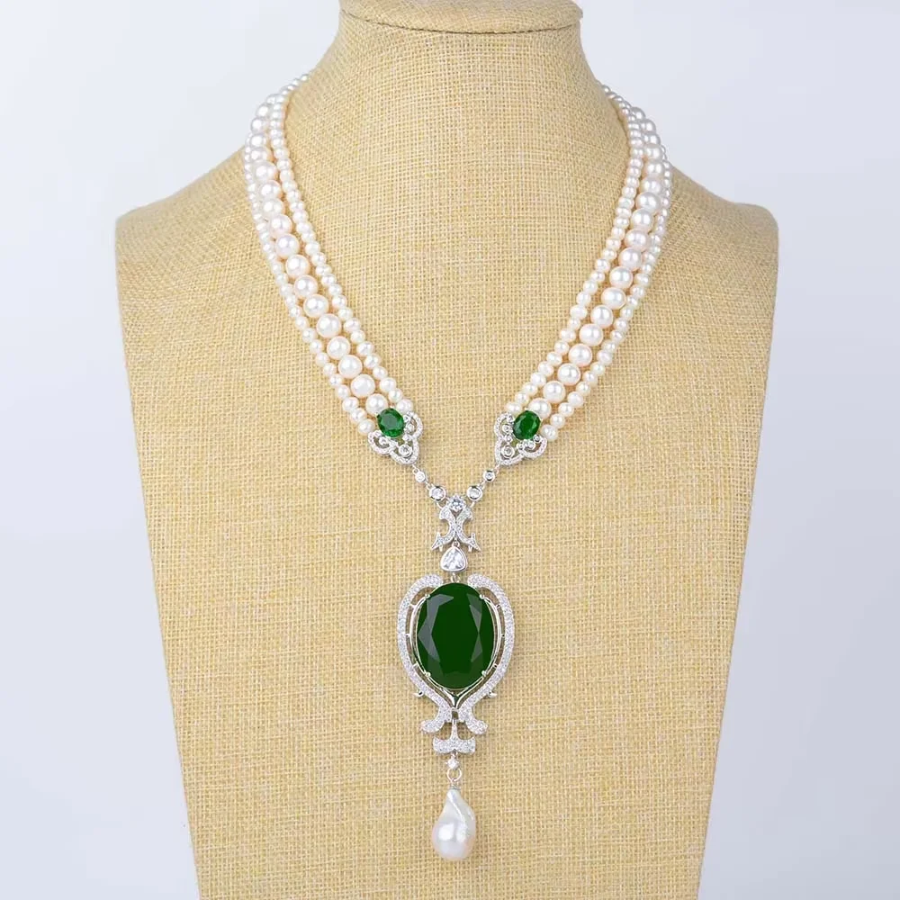 

19-дюймовое 3-прядное культивированное белое жемчужное зеленое ожерелье с подвеской из жемчуга Кеши