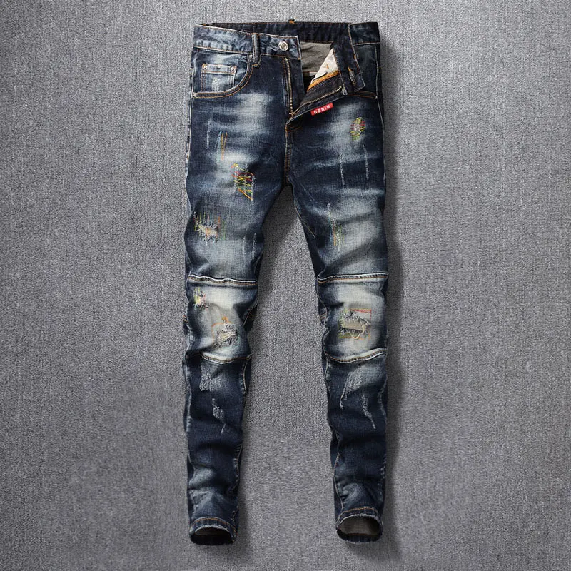 

Street Fashion Men Jeans Retro Blue Stretch Slim Fit Embroidery Ripped Jeans Men Spliced Designer Hip Hop Vintage Denim Pants