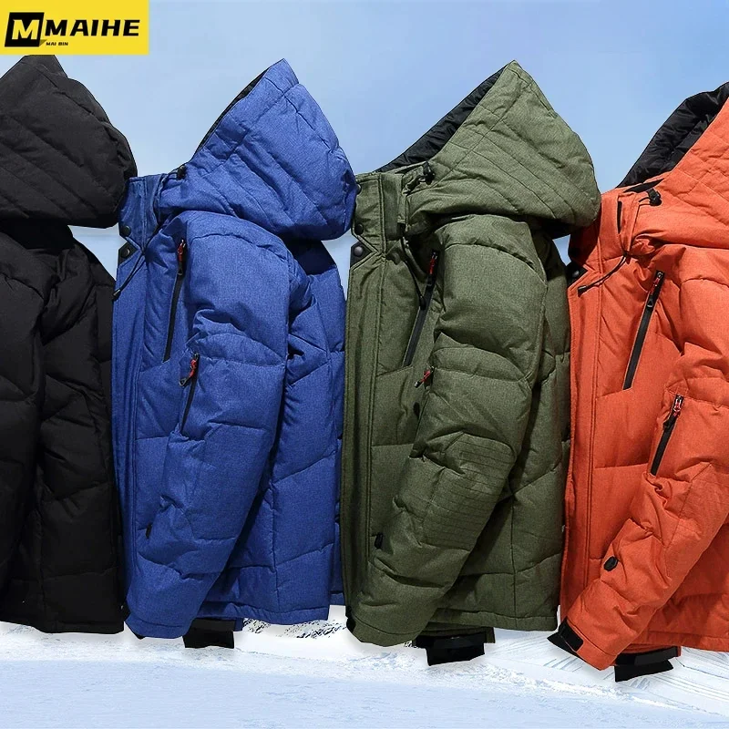 ลงเสื้อแจ็คเก็ตผู้ชายเป็ดสีขาวฤดูหนาวเสื้อWindproof WARM Parkas Travel Camping Overcoatใหม่ในThickenสีทึบHoodedเสื้อผ้า