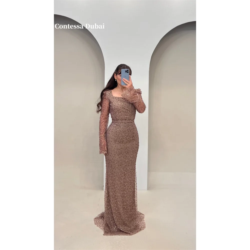 

Contessa Dubai Shiny Beaded Mermaid Khaki Prom Dresses Square Collar Sheathفساتين سهراتSweepTrain Long Sleeve Ziprobes de soirée