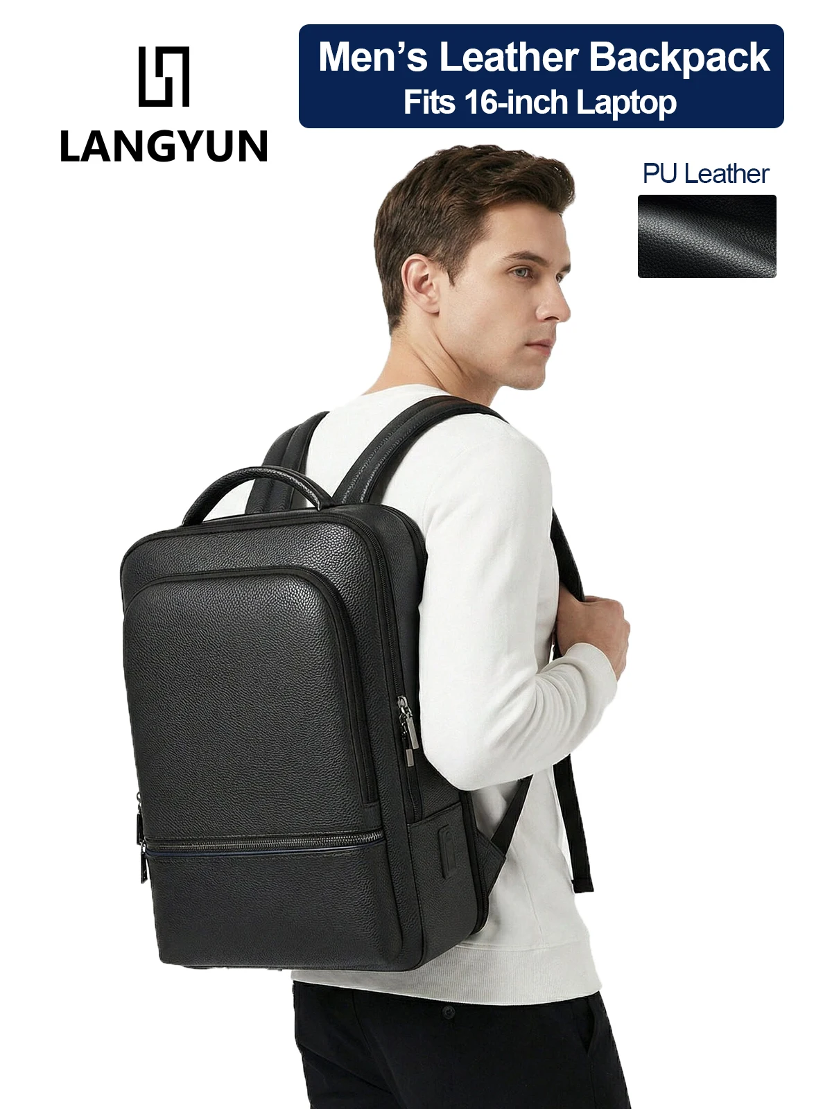 LANGYUN High Quality Waterproof PU Leather Casual Backpack Large Capacity Multi-functional 15.6-inch Laptop Bags