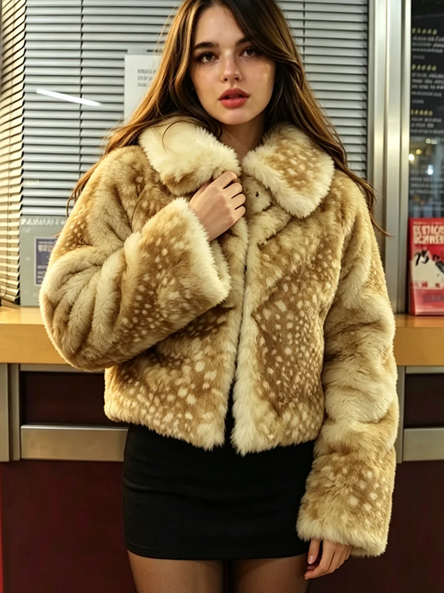 LIMO Women Deer Spotted Faux Fur Cropped Jacket Lapel Collar Fluffy Plush  Winter Warm Streetwear Ladies Furry Outerwear