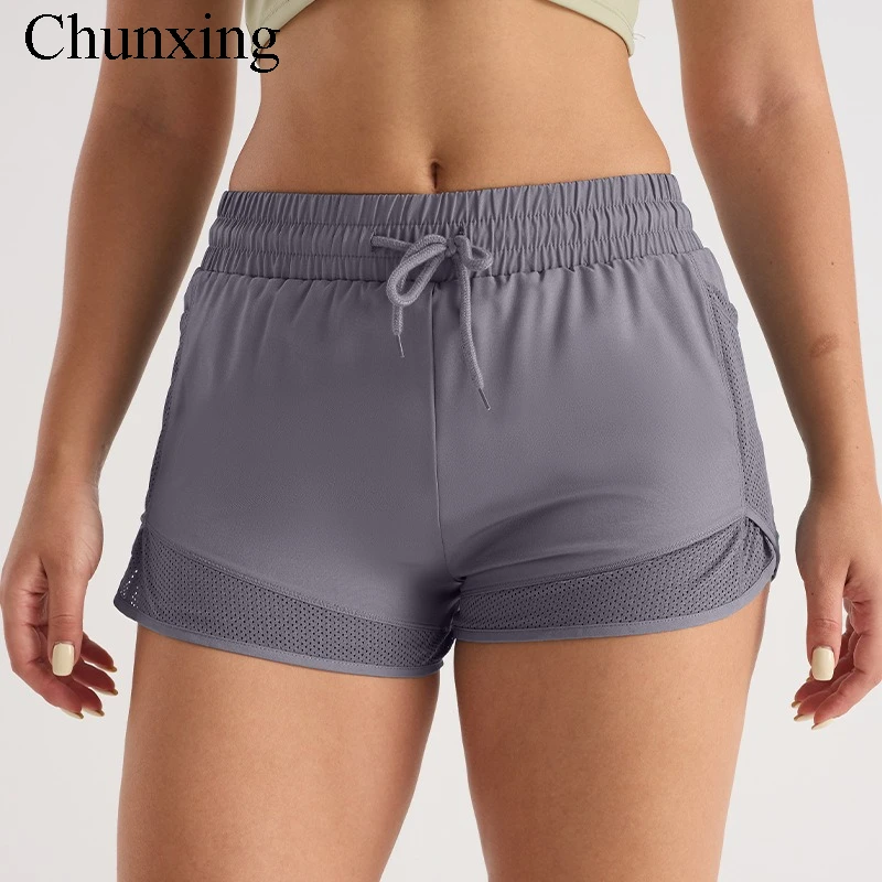 Shorts esportivos finos de secagem rápida, bolso reticulado, emenda, yoga, corrida, esportes, mulheres, verão, secagem rápida, roupa externa