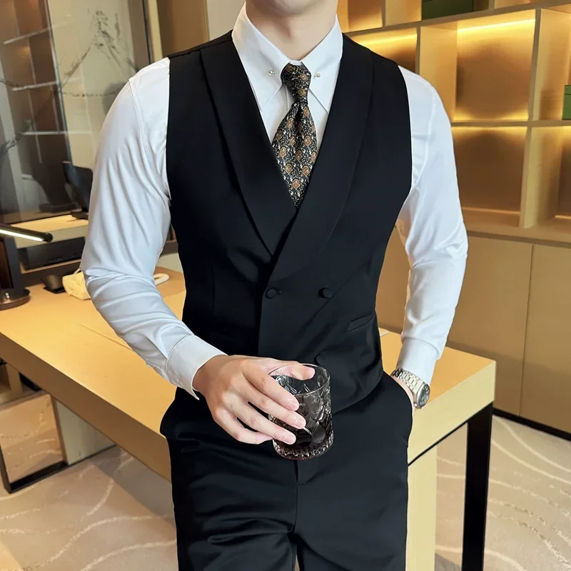 High-end Double-breasted Suit Vest With Pants 2024 New Men Fashion Slim Business Casual Best Groom Wedding Dress Vest  2 Pcs Set