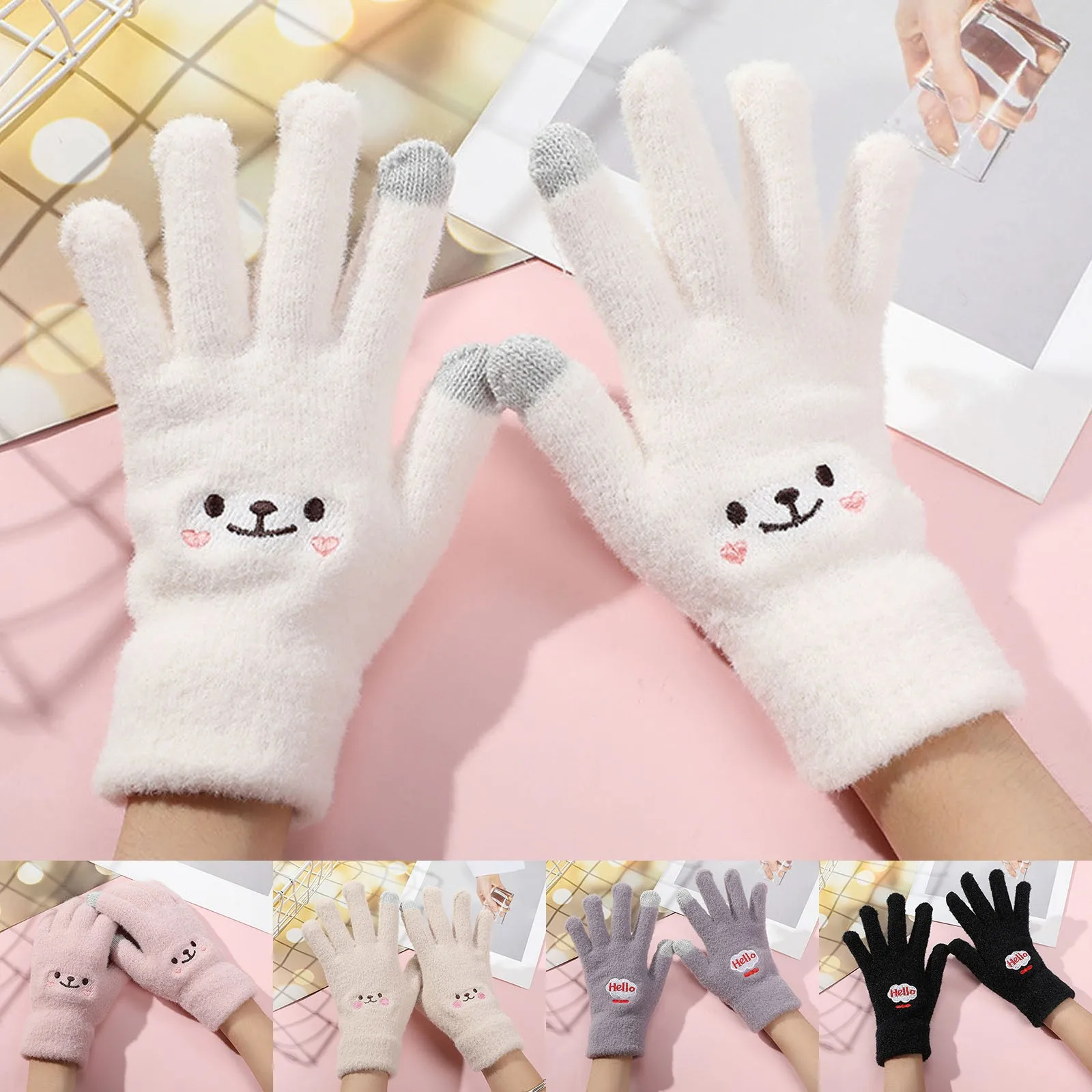 Kids Girl Kawaii Gloves Female Cute Cartoon Embroidered Bear Touch Screen Autumn Winter Warm Women Wool Knit Gloves Soft Cotton