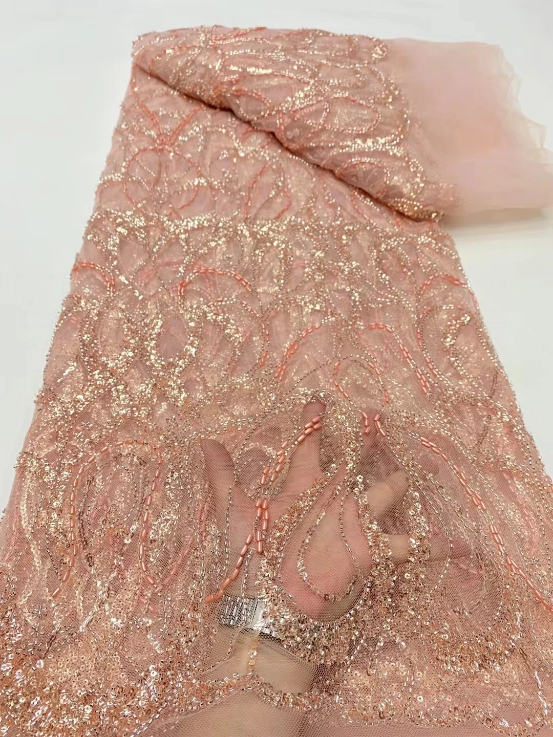 

2025 African Nigerian Sequins Embroidery Tulle Lace Fabric High Quality Beads Stone Prom Dresses Sewing Guipure 5 Yards DP0368