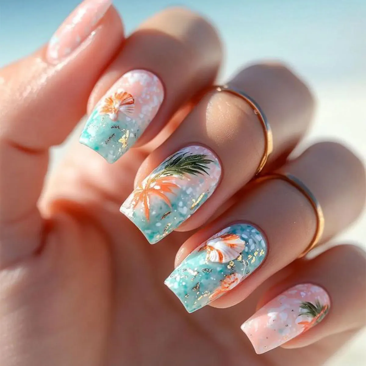 

24pcs Colorful Smudge False Nails Wearable Beach Seashell Design Square Stick on Nail Sets Mid-length Ballet Press on Fake Nails