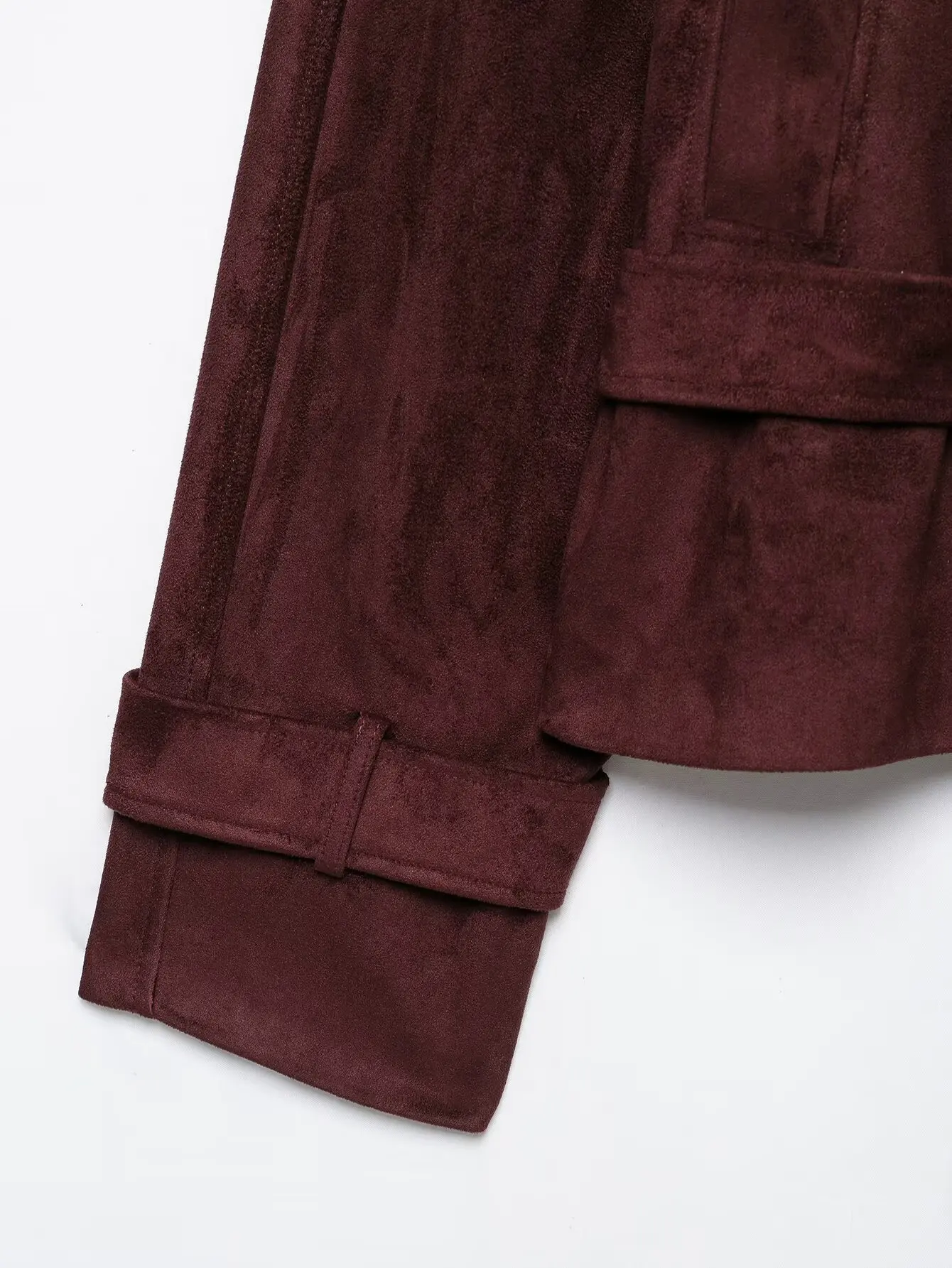 BSAY 2026 Commuter-Style Damenjacke aus Kunstwildleder, Burgunderrot, Stehkragen, Doppelreihig, mit Gürtel, Langarm, Kurze Oberbekleidung – Detail 9