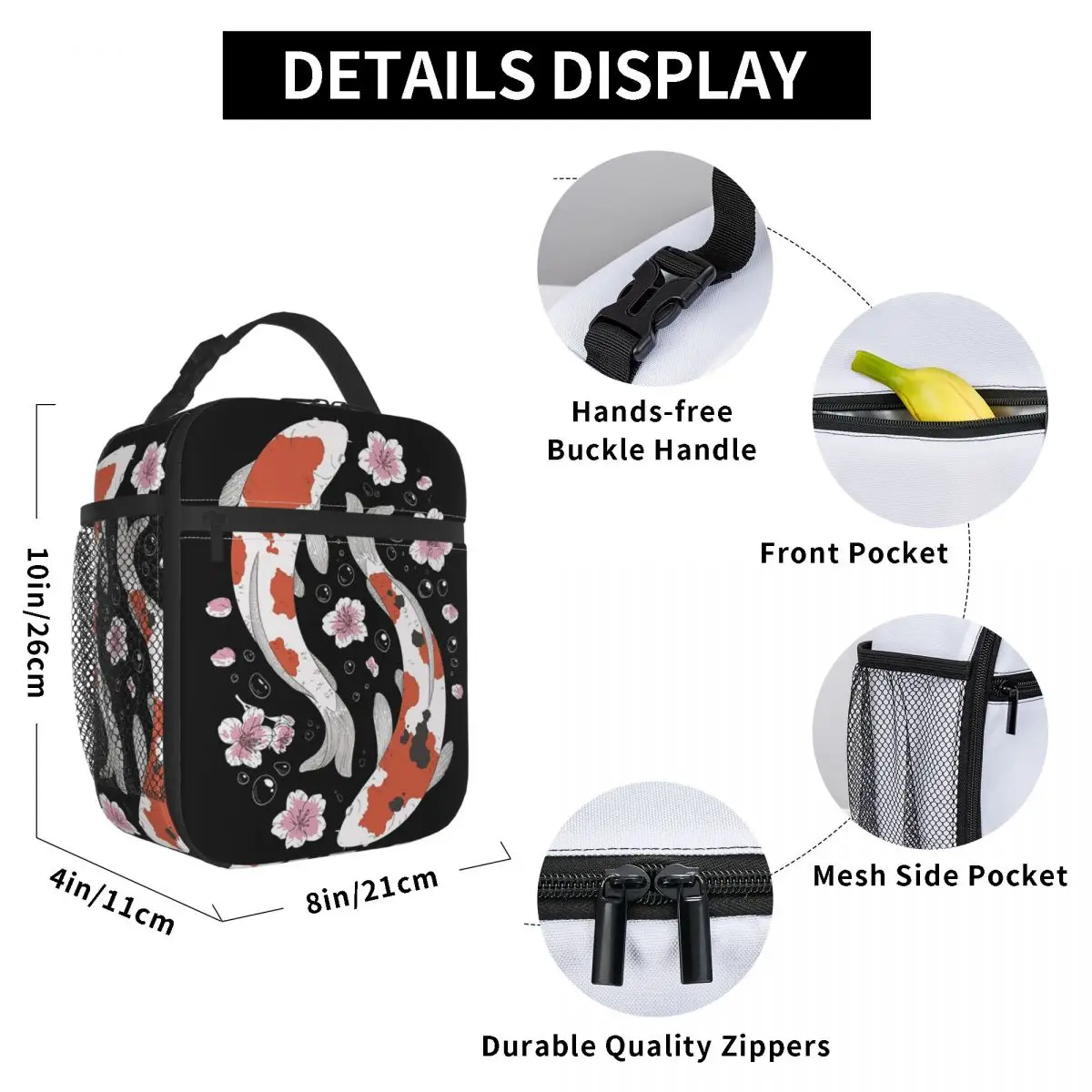 Koi Fish And Flowers Sakura Insulated Lunch Bag for Kids School Cooler Thermal Food Box Tote Leakproof Lunch Boxes Container