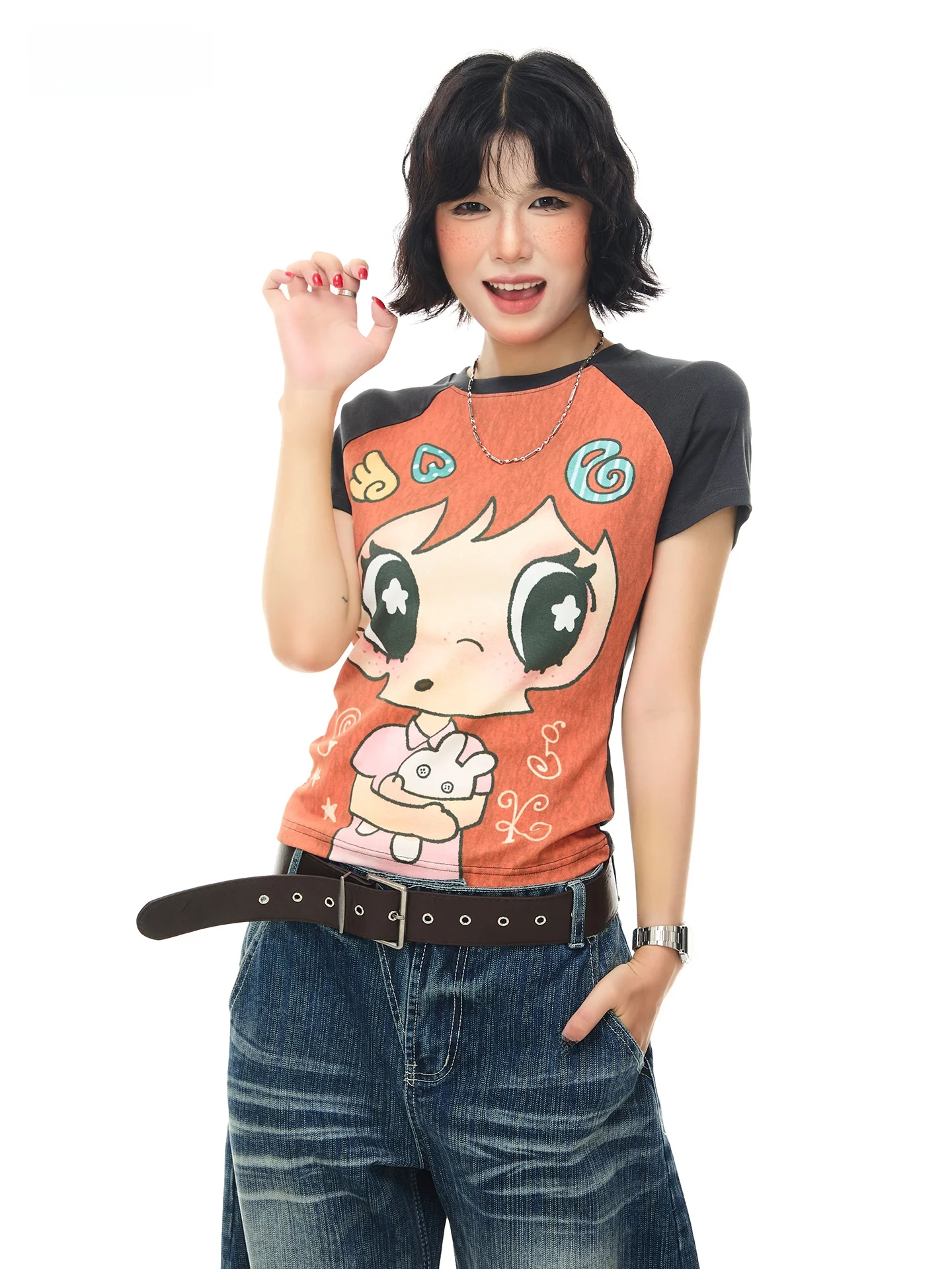Sanowers Korean Style Short Sleeve Shoulder Insert T-Shirt Women's Slim Fit Summer Youth Cartoon Print Casual Top