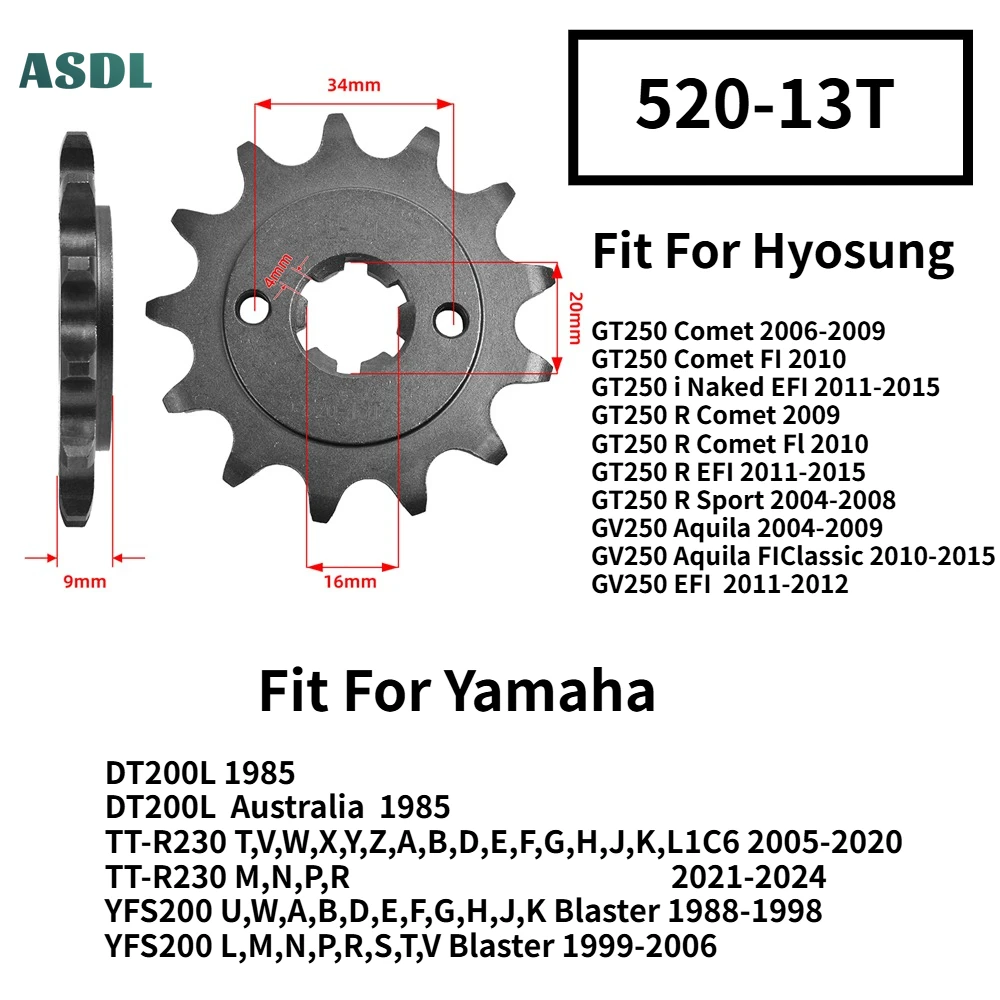 

520-13T Motorcycle 20CrMnTi Front Silent Sprocket For YAMAHA TT-R230 TTR230 DT200L YFS200 For Hyosung GT250 Comet GV250 Aquila