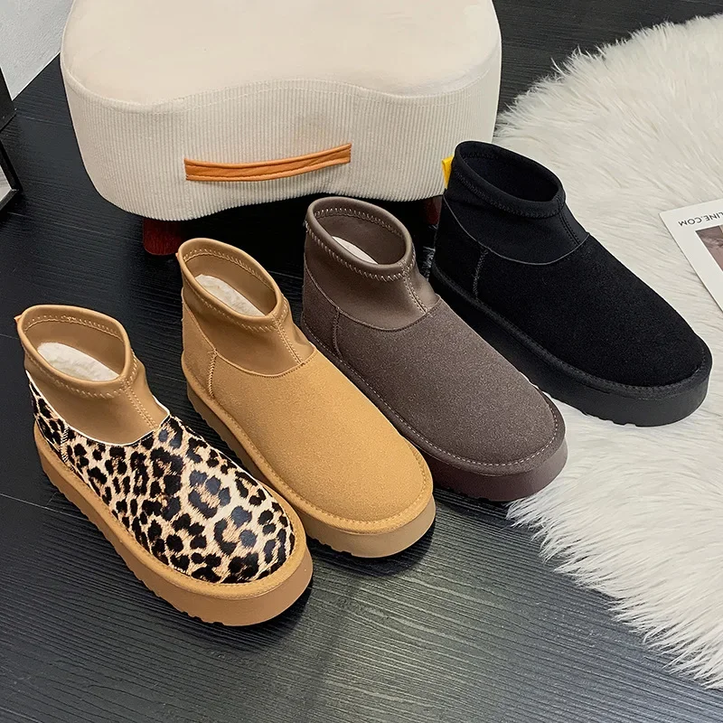 Leopard Platform Women Snow Ankle Boots Designer Flats Casual Shoes Short Plush Cotton Shoes 2024 Trend Warm Winter Botas Mujer
