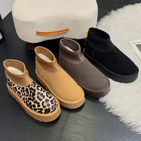 Leopard Platform Women Snow Ankle Boots Designer Flats Casual Shoes Short Plush Cotton Shoes 2024 Trend Warm Winter Botas Mujer