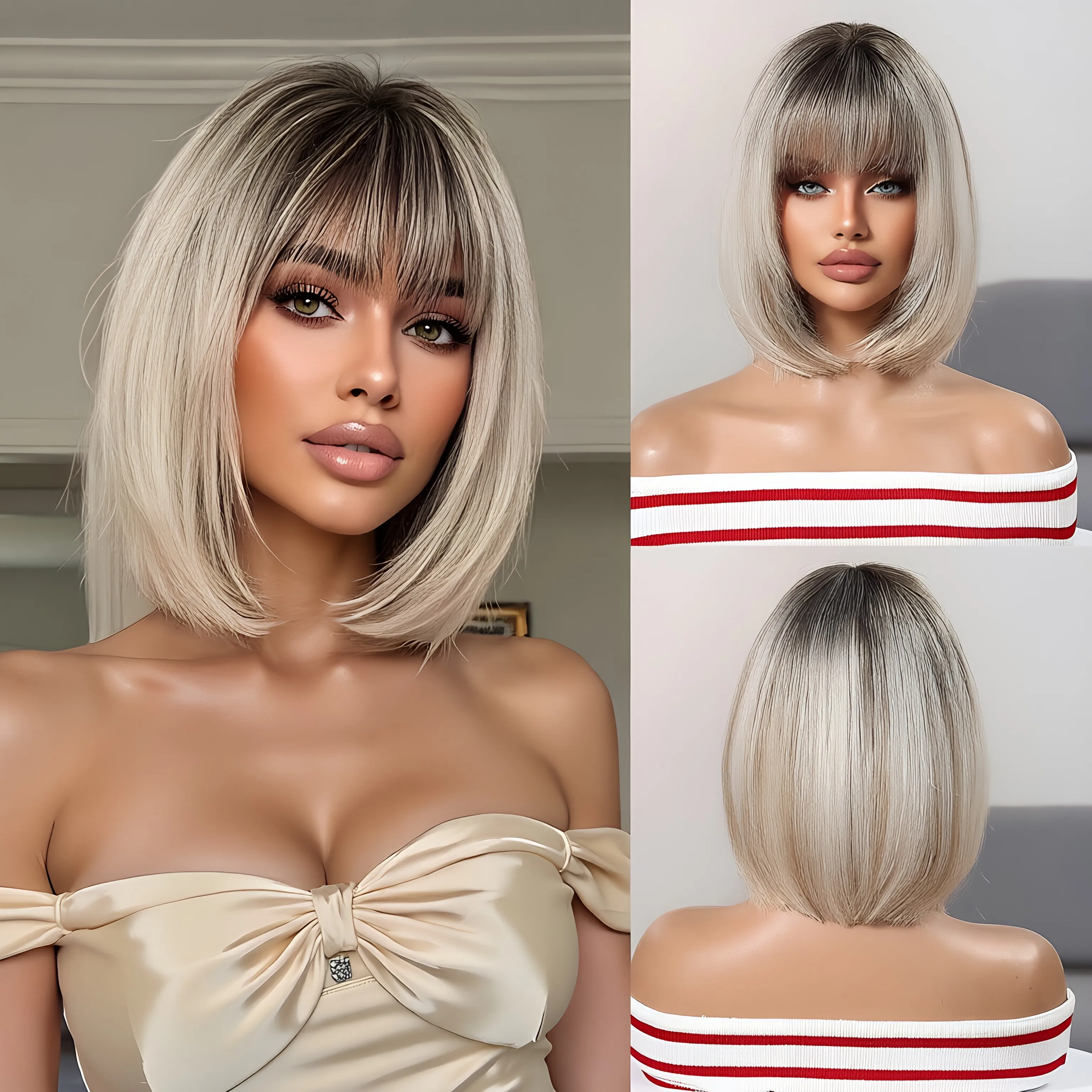 

Wig with short hair, gradient dyeing, short straight hair, synthetic full head cover, high-temperature silk head cover