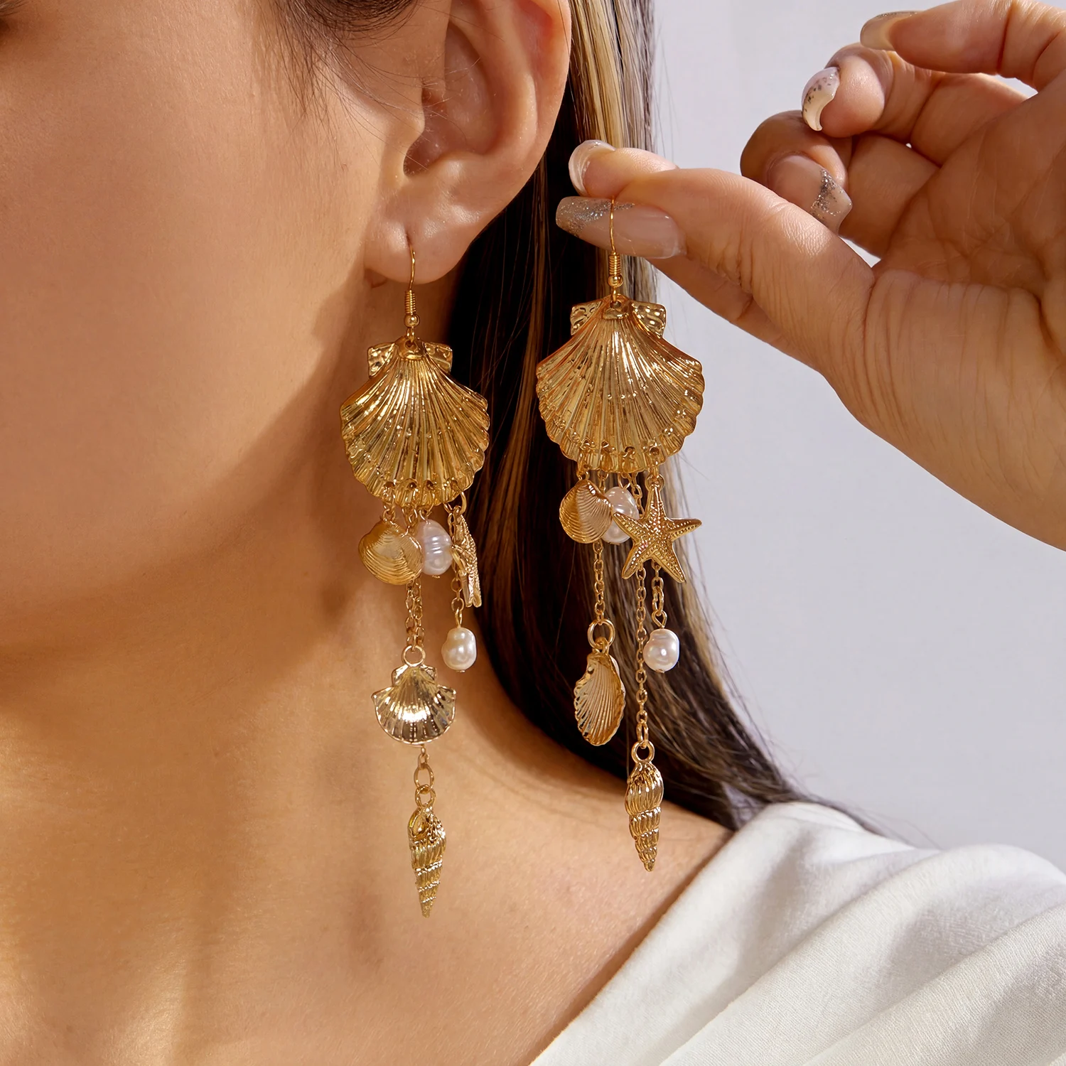 Bohemia Metal Starfish Shell Tassel Drop Earrings for Women Exquisite Imitation Pearl Seashells Earring Summer Party Jewelry