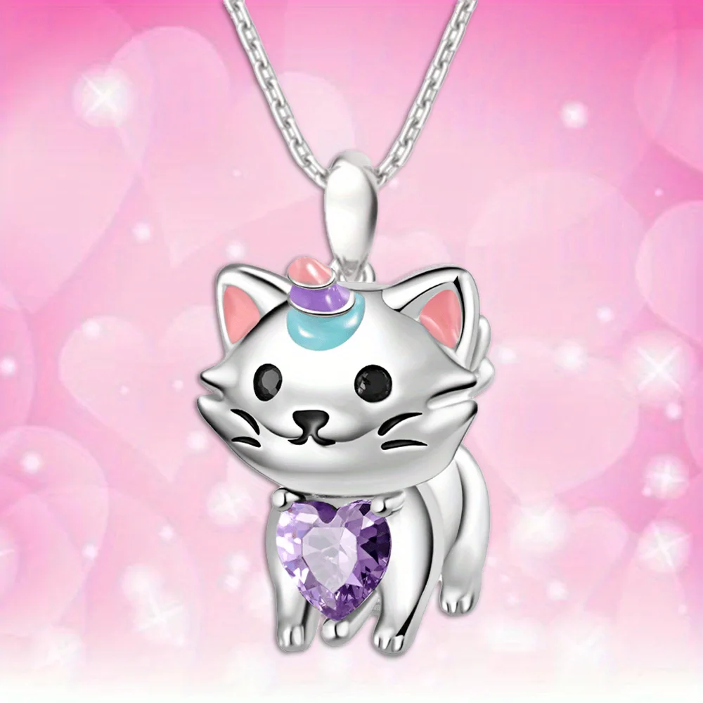 Beautiful Fashion Kitty Wearing Heart Shape Crystal Pendant Necklace Charm Jewelry Women Necklace Perfect Gift for Girls Women