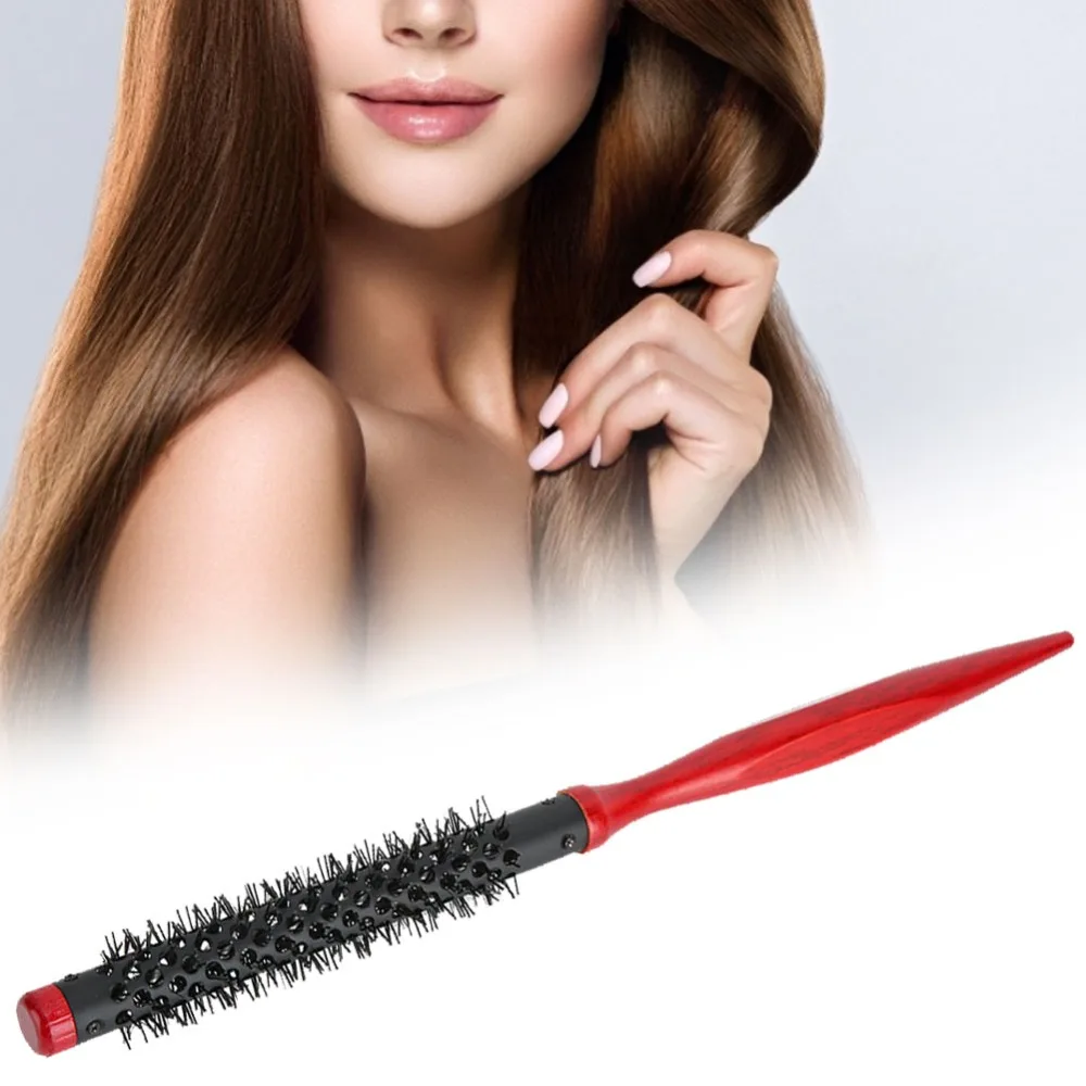 Wooden Handle Roller Comb Pointed Tip Nylon Bristles Hair Styling Comb Portable Aluminum Tube Hair Styling Brush Salon Use