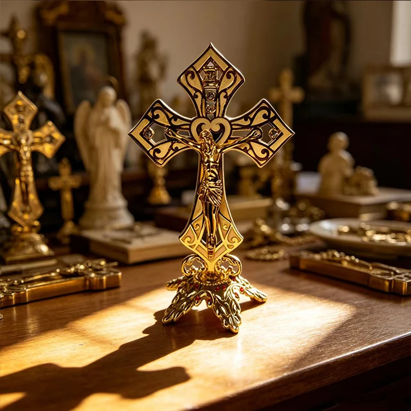 Neues handgefertigtes 19 cm großes, vergoldetes stehendes Kruzifix mit Lochmuster und Strasssteinen für die katholische Altar-Gebetsdekoration im Haus. – Detail 3