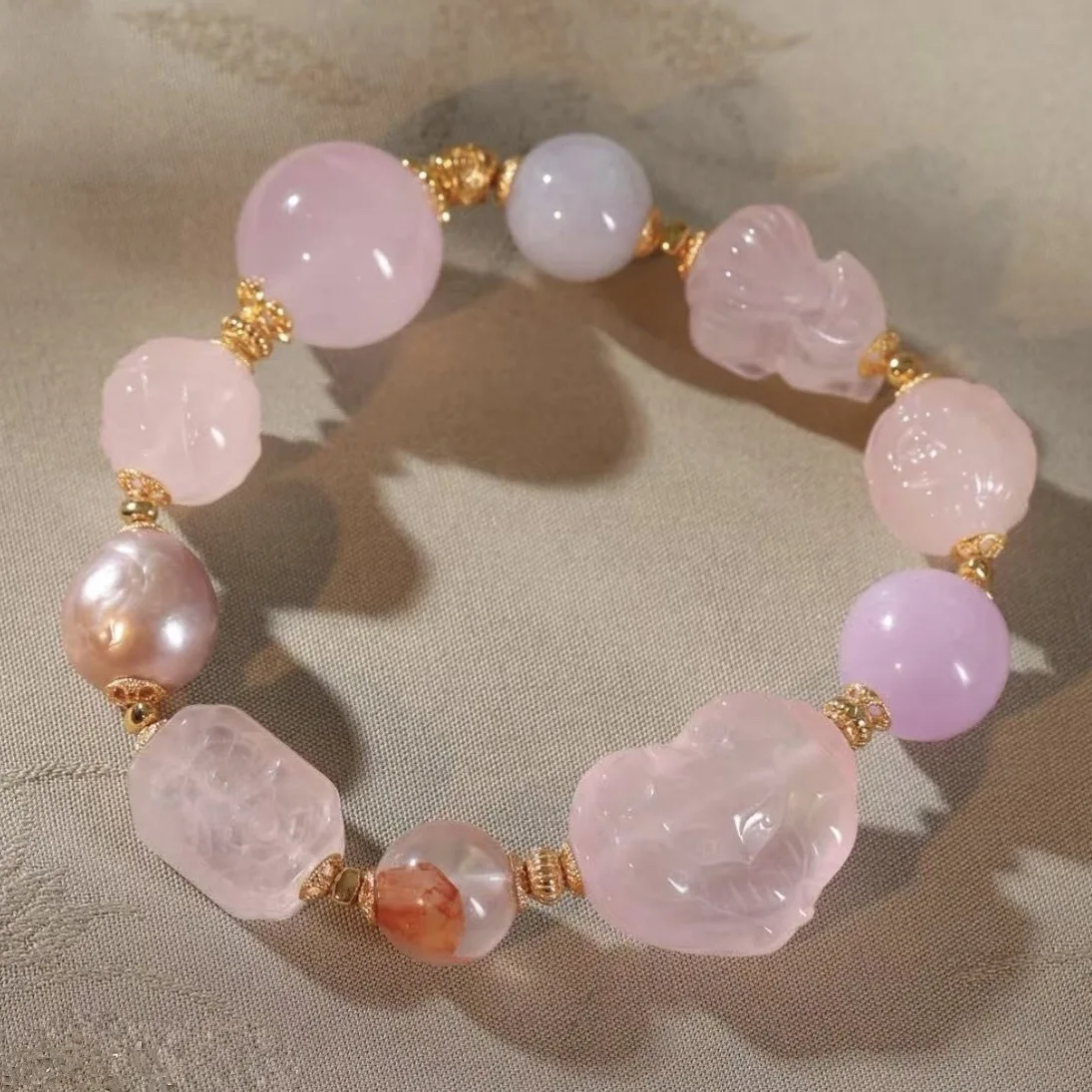 Natural Pink Quartz Bracelet, Heart Nine-Tailed Fox Red Phantom Baroque Pearl Jadeite Kunzite Multi Gemstone Strand
