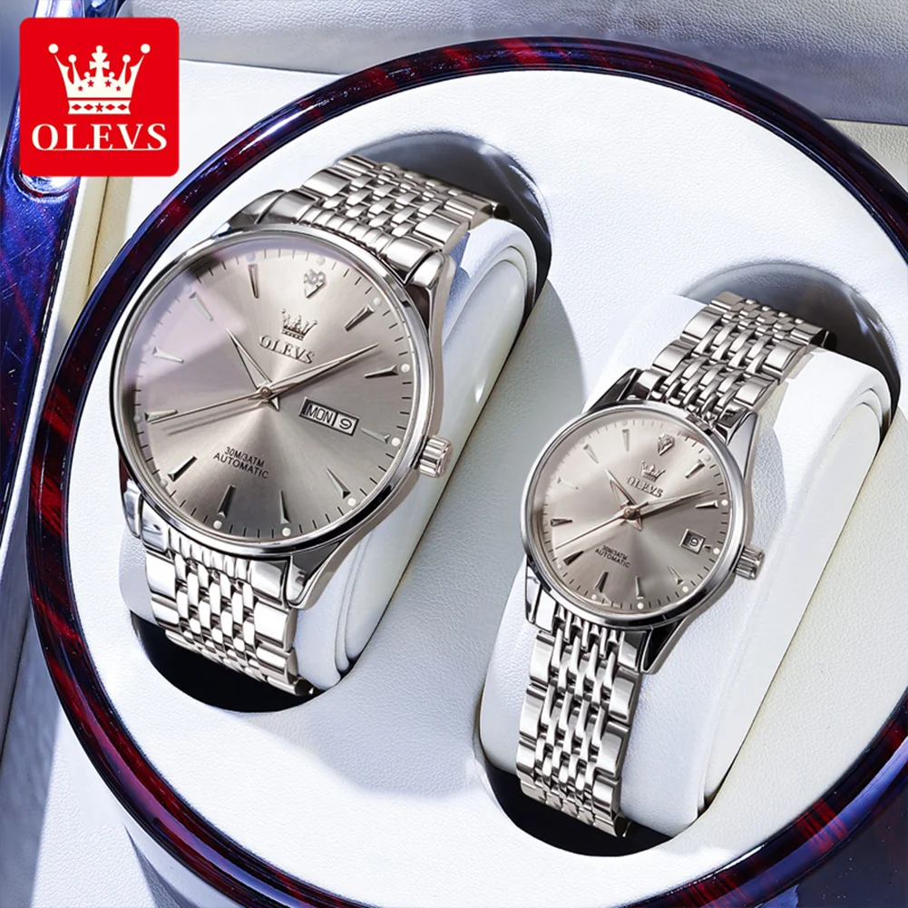 OLEVS 6635 Fashion Couple Watches Simple Casual Automatic Mechanical Watch for Lvoer Wateproof Luminous Date Week His and Her
