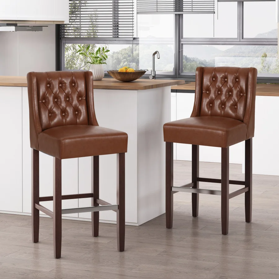 30.5 Inch Seat Height Bar Stool, Light Brown PU Upholstery with Back and Metal Footrest, Counter Stool for Kitchen Island Padde