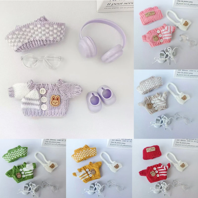 

Mini Doll'S Clothes Outfit Accessories For 15-17cm Labubu 10cm cotton doll Striped Button Sweater Bear Label Scarf Hat Clothing